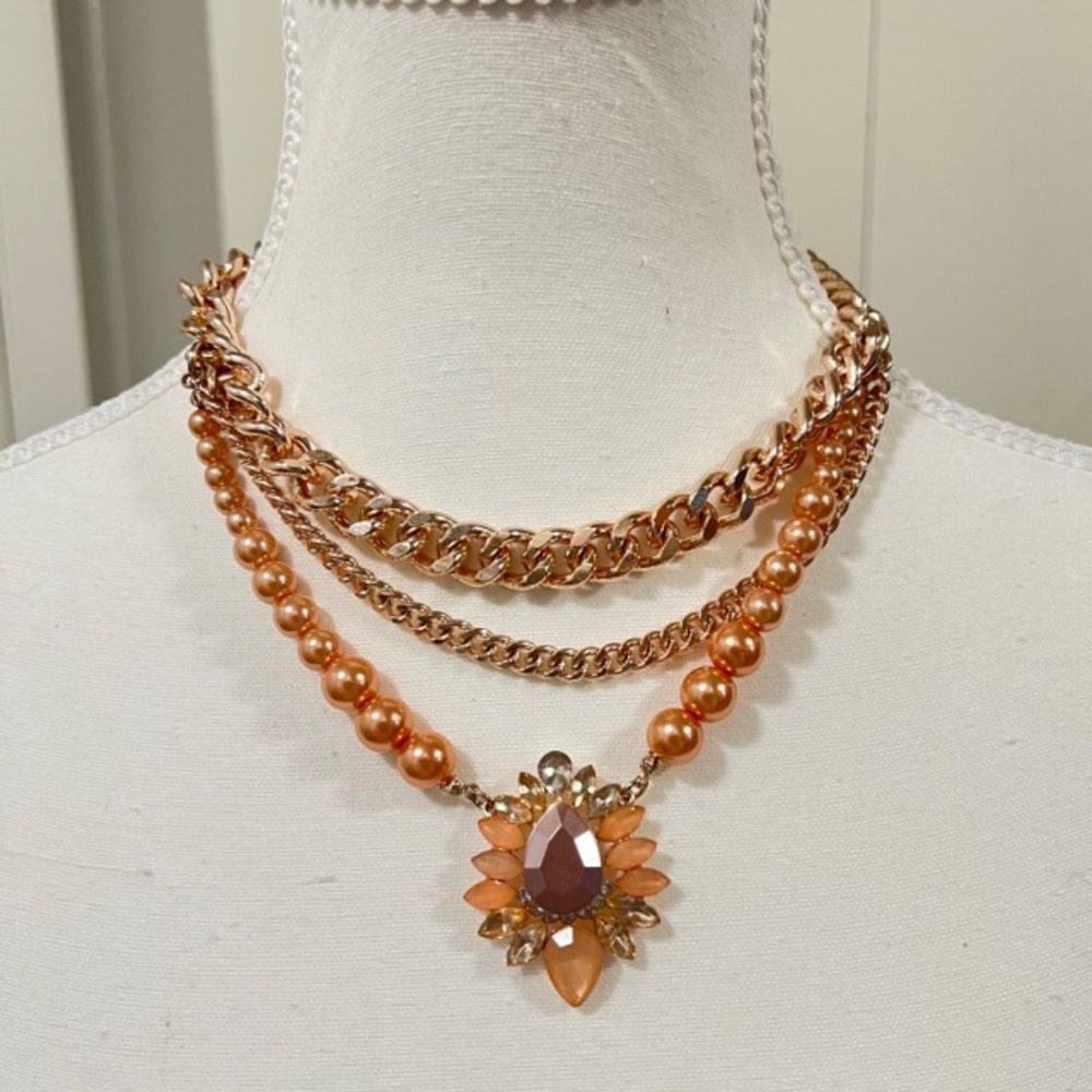 Rose Gold Tone 3 Layered Chain Faux Pearl Beads Faux Gem Stone 19 Inch Necklace